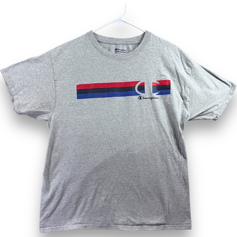 Champion Mens T-Shirt Large Oxford Gray Short Sleeve Classic Logo Stripe Basic - Picture 1 of 8